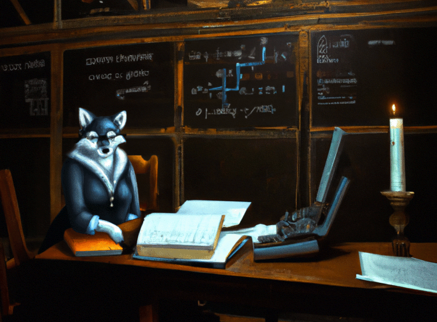 A polar vixen in a medieval fur coat sits at a table in a darkish room with chalkboards on the wall containing scientistic scribling. The vixen leans on the table with her right elbow and faces the reader. On the table in front of her are two open books and two steampunk laptop like devices. A lit candle stands to the right edge of the table.