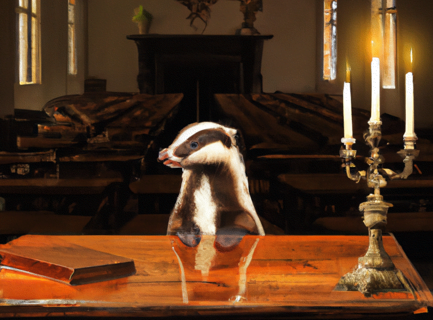 A badger is standing behind a highly polished mahogany table leaning on its top with both hands. The table top reflects his image. Badger and table stand in the front of a large lecture room filled with rows of old style wooden college hall benches. The room is softy lit by two tall windows in the white washed walls on either side. On the table lies a book to the left and a three candle chandelier sits on the right.