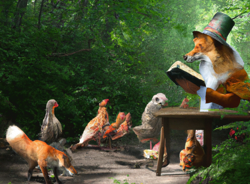 A fox with a green hat is sitting in an open spot in a green dense forest. He seems to be speaking form the book he is holding. A number of hens is walking and sitting around, apparently listening to the fox's tale.